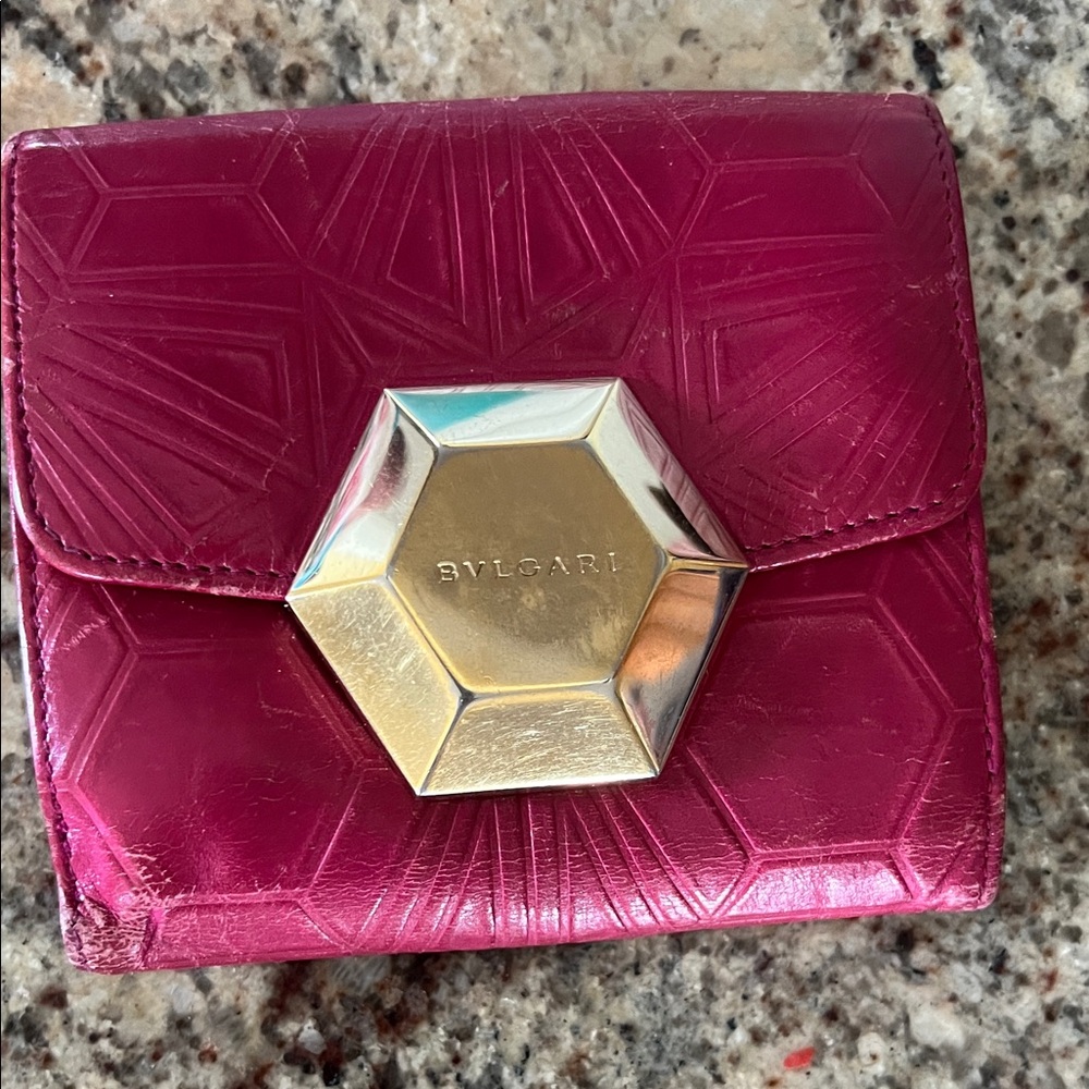 Bulgari Fuchsia Leather Wallet with Gold Accent